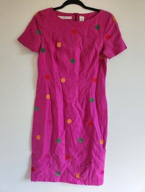 Paul Alexander Pink Linen Polka Dot Sheath Dress Embroidered Size 4 Vintage